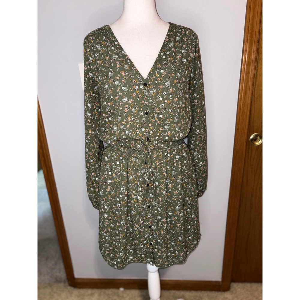 Gap cottagecore Olive Green Ditsy Floral Button Front Long Sleeve Mini Dress